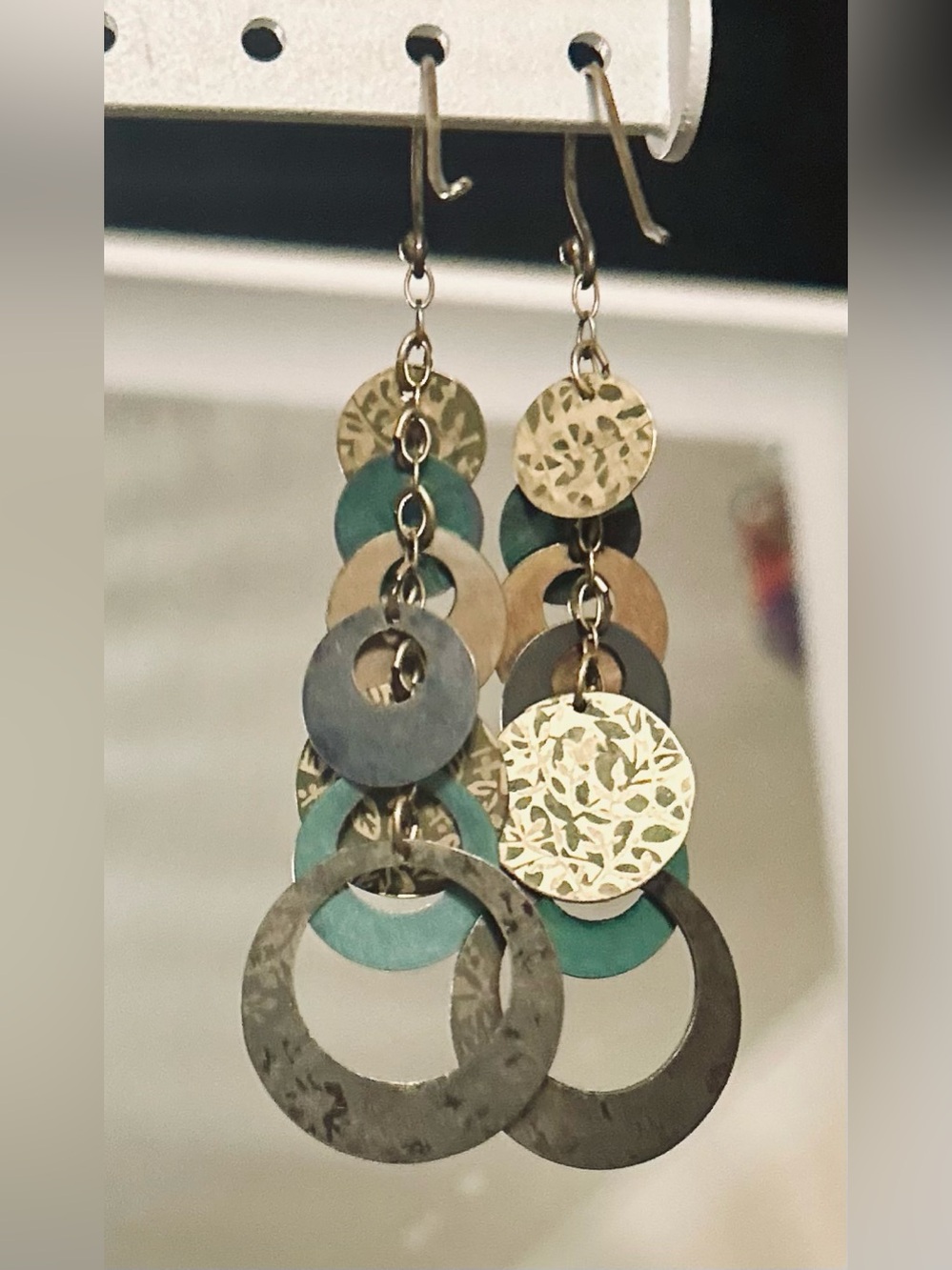Holly Yashi Patterned Multi Color Niobium Earrings Circles Disc Chain Boho